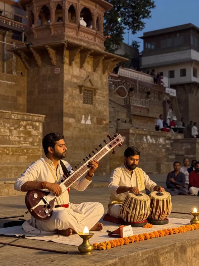 A sitar and tabla performance on a ghat at dusk