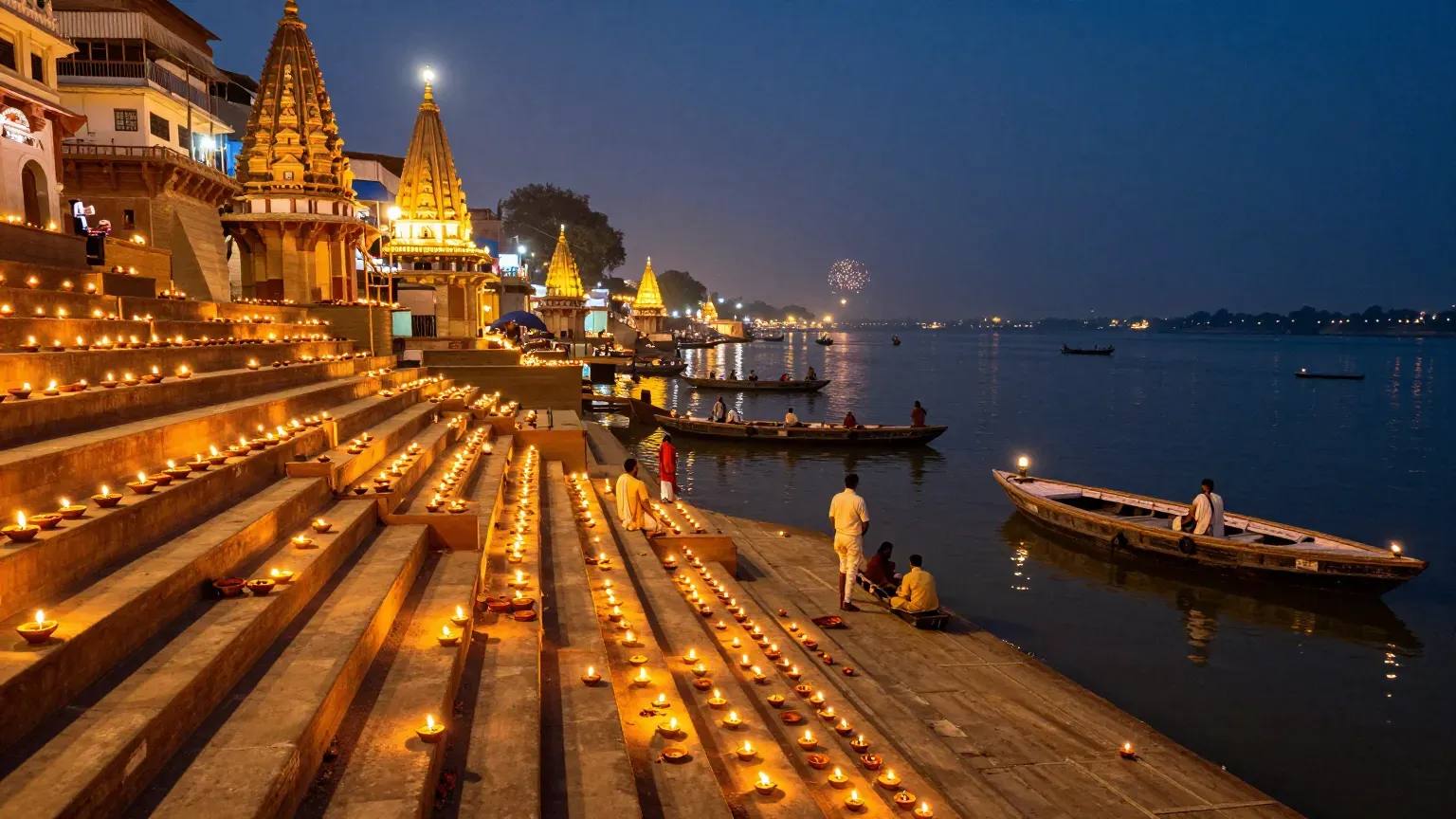 The ghats of Kashi lit with rows of clay diyas on Dev Deepawali night, with boats on the Ganga