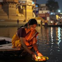 A diya floated on the Ganga
