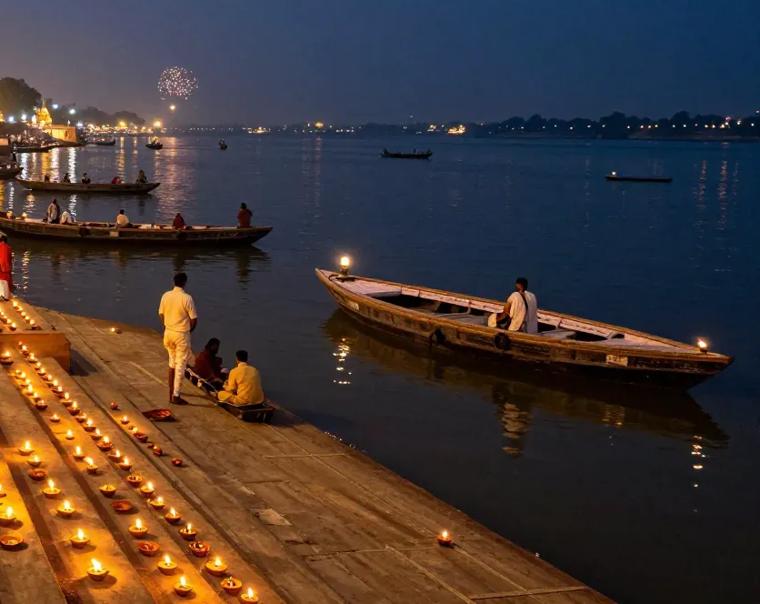 Wooden boats on the Ganga beside the lit ghats
